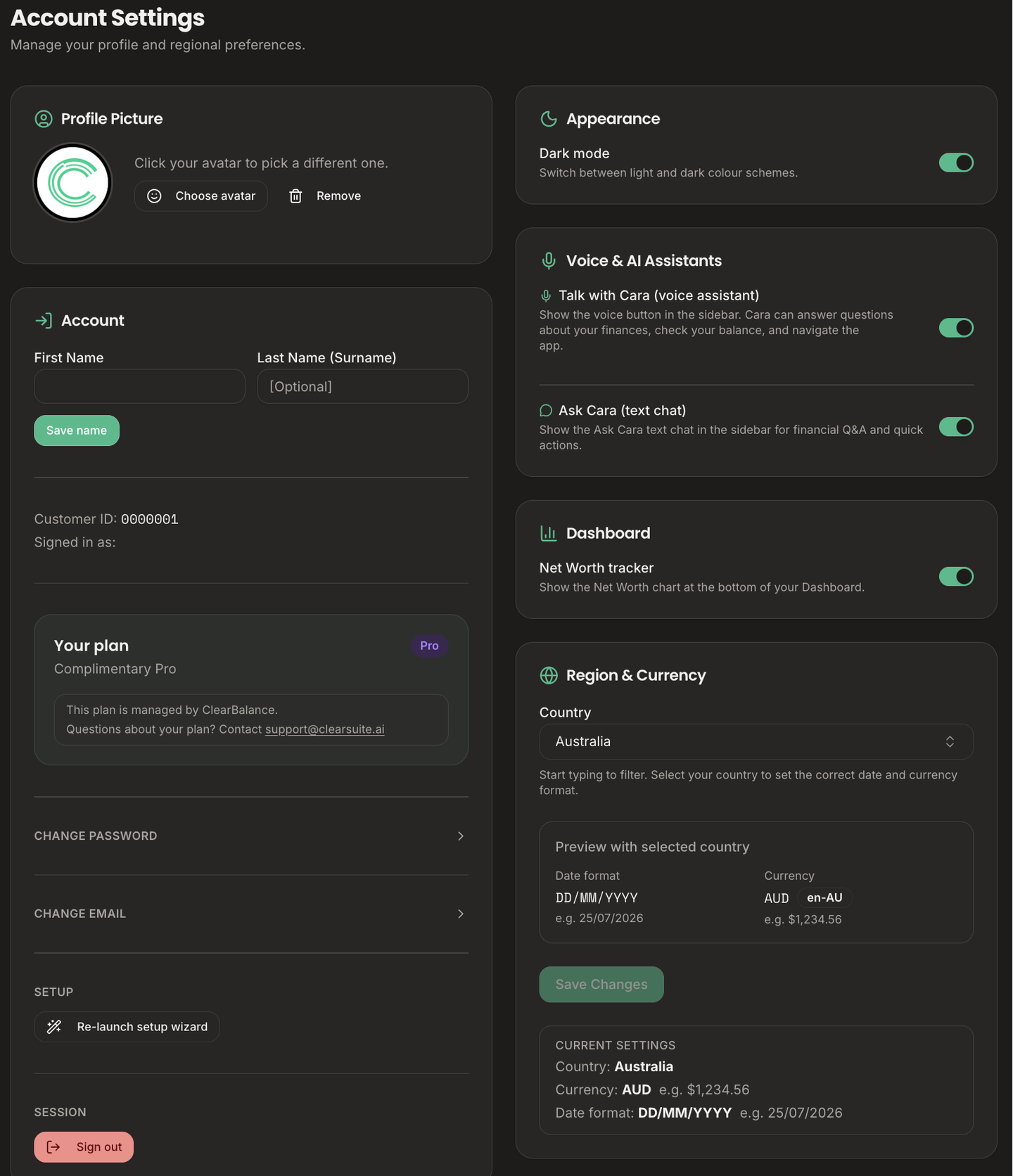 ClearBalance Account Settings showing the Voice and AI Assistants toggles for Talk with Cara and Ask Cara