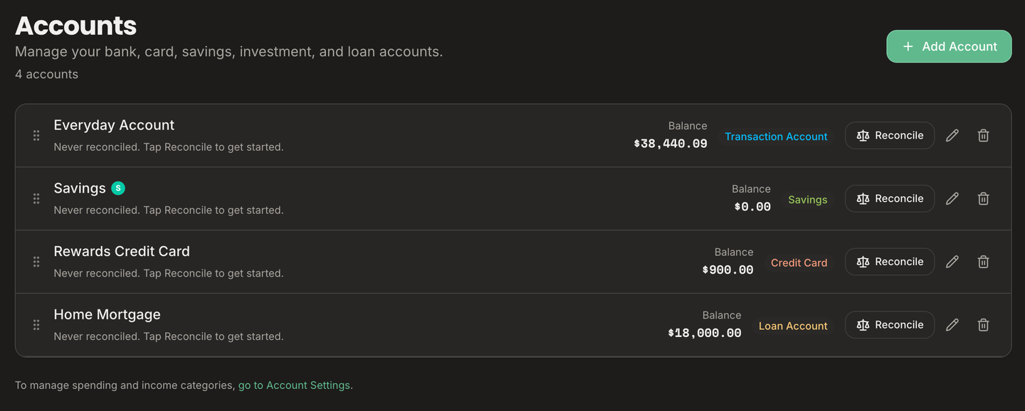Accounts list in dark mode, each account with a Reconcile button
