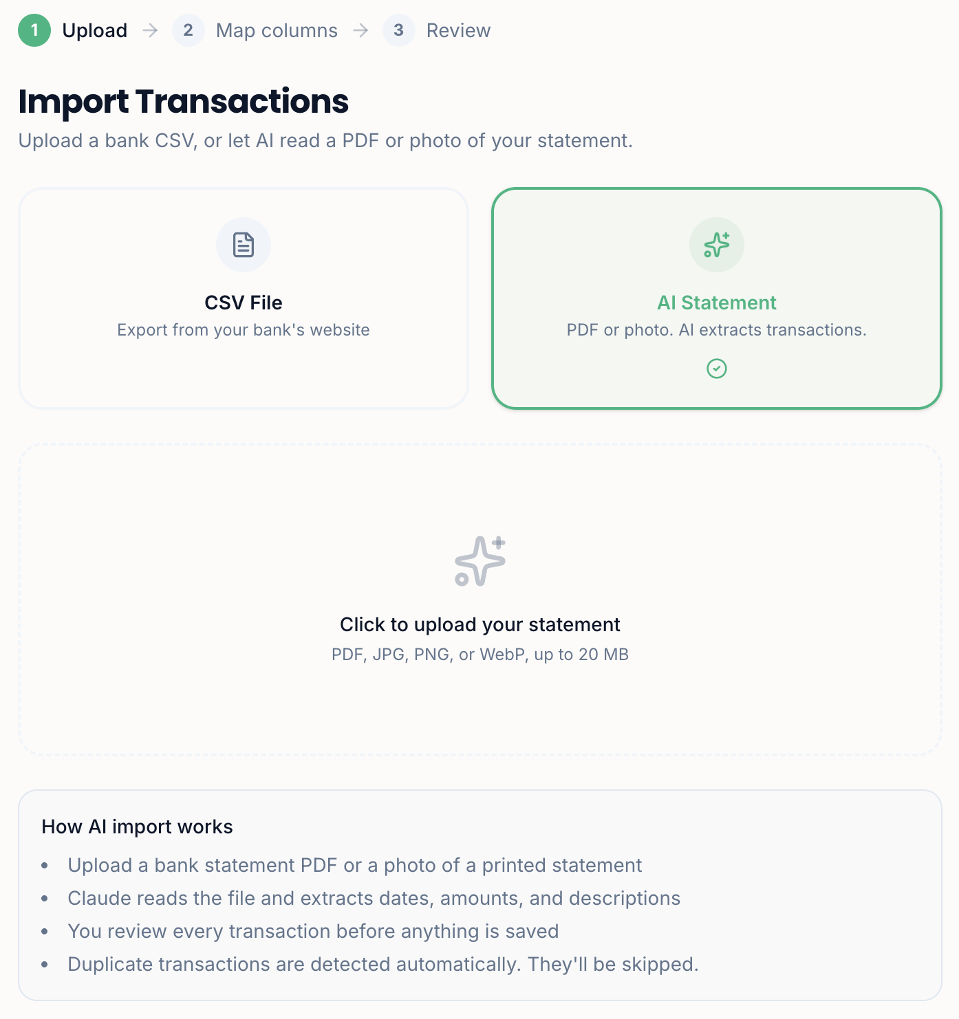 Import Transactions with AI Statement selected, showing the upload area for PDF, JPG, PNG or WebP files up to 20 MB and a how AI import works panel
