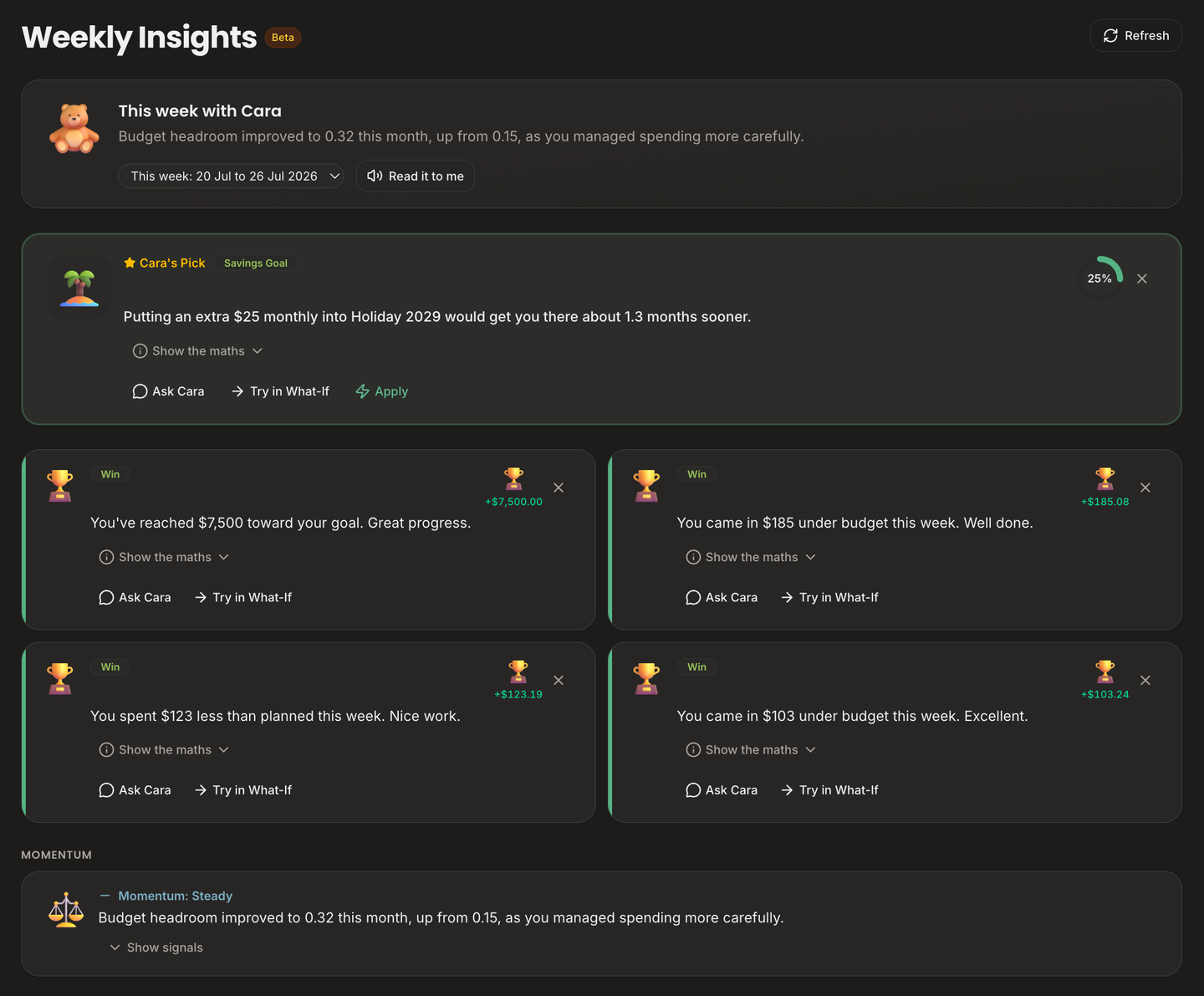ClearBalance Weekly Insights in dark mode
