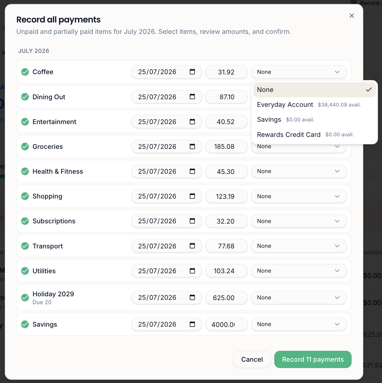 Record all payments dialog listing every unpaid and partially paid item for the month, each with a date, amount and account paid from, above a record 11 payments button