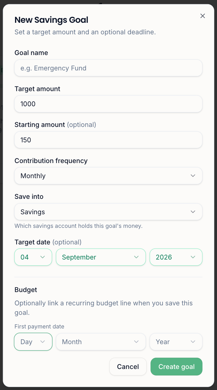 New savings goal dialog with target, frequency, save into account and linked budget